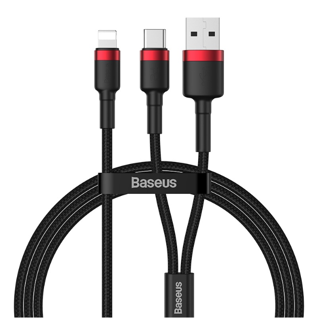 کابل شارژ دوکاره آیفون فست 18W  و معمولی بیسوس Baseus Cafule USB + Type-C + iPhone 2-in-1 Braided Quick Charge 18W PD Cable CATKLF-EL91
